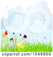 Poster, Art Print Of Easter Eggs And Flowers In Spring Grass Against Clouds