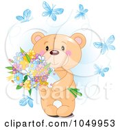 Poster, Art Print Of Sweet Teddy Bear Holding Flowers And Surrounded By Blue Butterflies