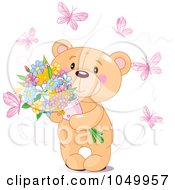 Poster, Art Print Of Teddy Bear Holding Flowers And Surrounded By Pink Butterflies