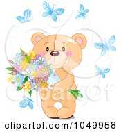 Poster, Art Print Of Teddy Bear Holding Flowers And Surrounded By Blue Butterflies