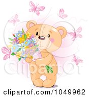 Poster, Art Print Of Sweet Teddy Bear Holding Flowers And Surrounded By Pink Butterflies