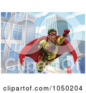 Royalty Free RF Clip Art Illustration Of A Super Hero Man In Flight In A City
