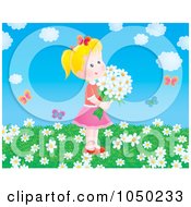 Girl Holding Flowers In A Spring Field