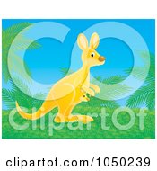 Royalty Free RF Clip Art Illustration Of A Kangaroo And Joey By Palm Trees