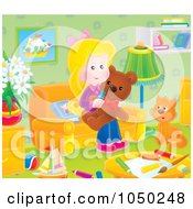 Poster, Art Print Of Girl Holding A Teddy Bear In A Play Room