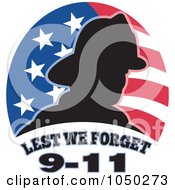 Silhouetted Fireman Over An American Flag And Lest We Forget 9-11 Text