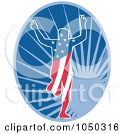 Royalty Free RF Clip Art Illustration Of A Patriotic American Marathon Runner Over A Blue Burst Oval