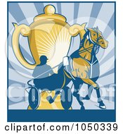 Poster, Art Print Of Harness Racing Man And Horse With Gold Trophy Over Blue Rays