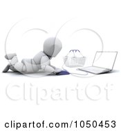 Poster, Art Print Of 3d White Character With A Laptop And Shopping Basket On The Floor