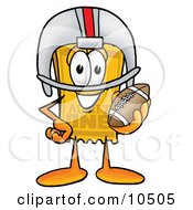 Yellow Admission Ticket Mascot Cartoon Character In A Helmet Holding A Football