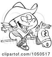 Royalty Free RF Clip Art Illustration Of A Line Art Design Of A Kid Cowboy Riding A Stick Pony by toonaday