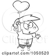 Royalty Free RF Clip Art Illustration Of A Line Art Design Of A Boy Floating With A Love Risk Heart Balloon