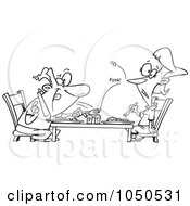 Royalty Free RF Clip Art Illustration Of A Line Art Design Of A Cartoon Man Flicking A Pea At His Wife Over Dinner by toonaday