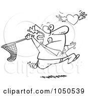 Royalty Free RF Clip Art Illustration Of A Line Art Design Of A Man Chasing Elusive Love With A Net