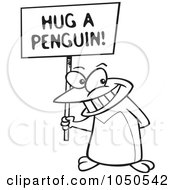 Royalty Free RF Clip Art Illustration Of A Line Art Design Of A Penguin Holding A Hug A Penguin Awareness Sign