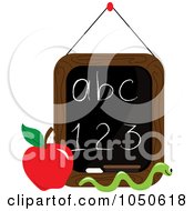 Royalty Free RF Clip Art Illustration Of A Worm And Red Apple In Front Of A Letter And Number Chalkboard by Pams Clipart