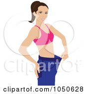 Brunette Woman Showing Her Weight Loss Success In Big Pants