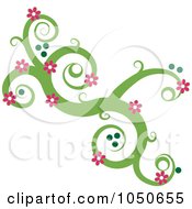 Poster, Art Print Of Green Swirl Design Element With Pink Flowers