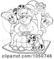 Poster, Art Print Of Coloring Page Of A Granny With Pets And Children