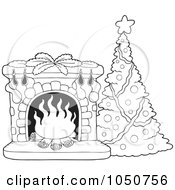 Poster, Art Print Of Coloring Page Of A Christmas Tree And Fire Place