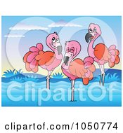 Poster, Art Print Of Three Flamingos Wading