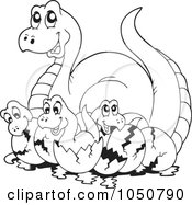 Royalty Free RF Clip Art Illustration Of A Coloring Page Of A Dinosaur With Hatchlings
