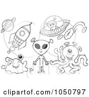Royalty Free RF Clip Art Illustration Of A Coloring Page Of Aliens Rockets And Flying Saucers