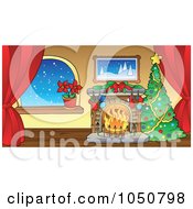 Poster, Art Print Of Christmas Tree And Fireplace In A Room With Curtains