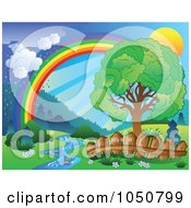 Poster, Art Print Of Spring Landscape With A Sun Tree Creek Fence Rainbow And Rain