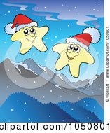 Poster, Art Print Of Happy Stars Wearing Santa Hats Over Mountains