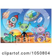 Poster, Art Print Of Aliens Rockets And Flying Saucers On A Planet