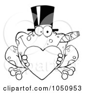 Royalty Free Vector Clip Art Illustration Of An Outlined Frog Smoking A Cigar Wearing A Hat And Holding A Heart