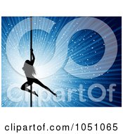 Royalty Free Vector Clip Art Illustration Of A Sexy Silhouetted Pole Dancer Over A Blue Sparkly Burst by KJ Pargeter