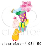 Poster, Art Print Of Child Carrying A Stack Of Presents And Flowers