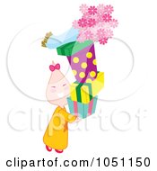 Royalty Free Vector Clip Art Illustration Of A Child Carrying A Stack Of Presents And Flowers