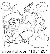 Royalty Free Vector Clip Art Illustration Of An Outline Of Cupid Shooting Loves Arrow In The Sky