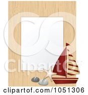 Royalty Free Vector Clip Art Illustration Of A Nautical Wood Frame With A Sailboat Pebbles And Starfish Around White