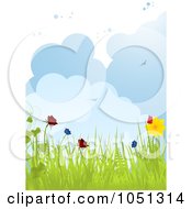 Poster, Art Print Of Spring Background Of Flowers Butterflies Birds And Puffy Clouds