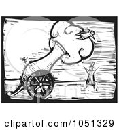 Royalty Free Vector Clip Art Illustration Of A Woodcut Styled Ringmaster Watching A Person Shoot Out Of A Cannon