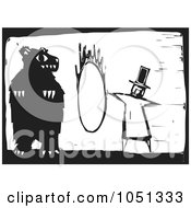 Royalty Free Vector Clip Art Illustration Of A Woodcut Styled Ringmaster Instructing A Bear To Jump Through A Hoop