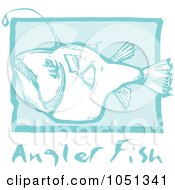 Poster, Art Print Of Blue Woodcut Styled Angler Fish With Text Over Blue