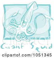 Poster, Art Print Of Blue Woodcut Styled Giant Squid With Text Over Blue