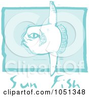 Royalty Free Vector Clip Art Illustration Of A Blue Woodcut Styled Sun Fish With Text Over Blue by xunantunich