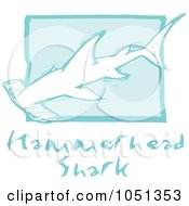 Blue Woodcut Styled Hammerhead Shark With Text Over Blue