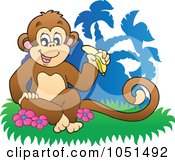 Poster, Art Print Of Monkey Sitting And Eating A Banana Near Palm Trees