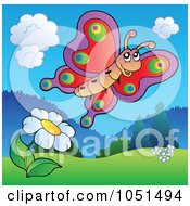 Royalty Free Vector Clip Art Illustration Of A Butterfly Over A Flower In A Spring Meadow