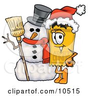 Yellow Admission Ticket Mascot Cartoon Character With A Snowman On Christmas