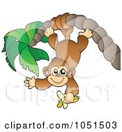Royalty Free Vector Clip Art Illustration Of A Monkey Eating A Banana And Hanging From A Palm Tree
