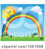 Poster, Art Print Of Happy Sun Peeking Over A Rainbow In A Spring Landscape