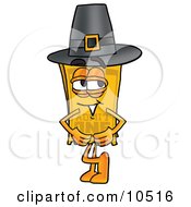 Yellow Admission Ticket Mascot Cartoon Character Wearing A Pilgrim Hat On Thanksgiving by Mascot Junction